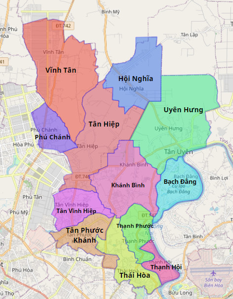 bản đồ hành chính thị xã Tân Uyên