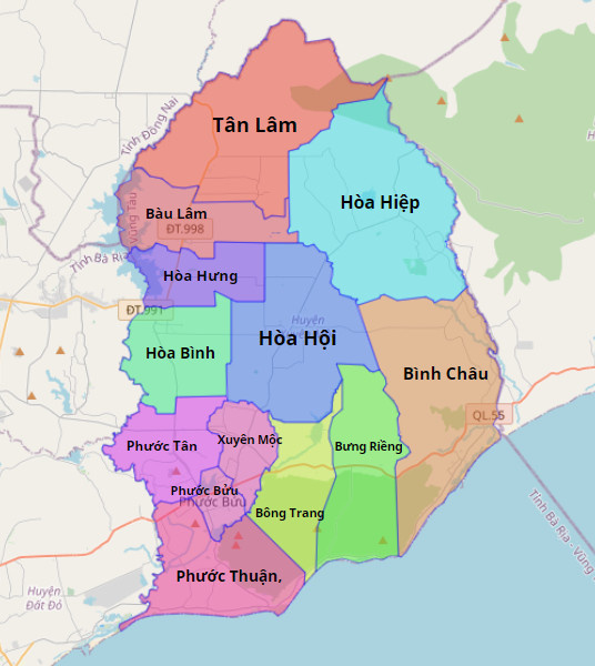 bản đồ hành chính huyện Xuyên Mộc